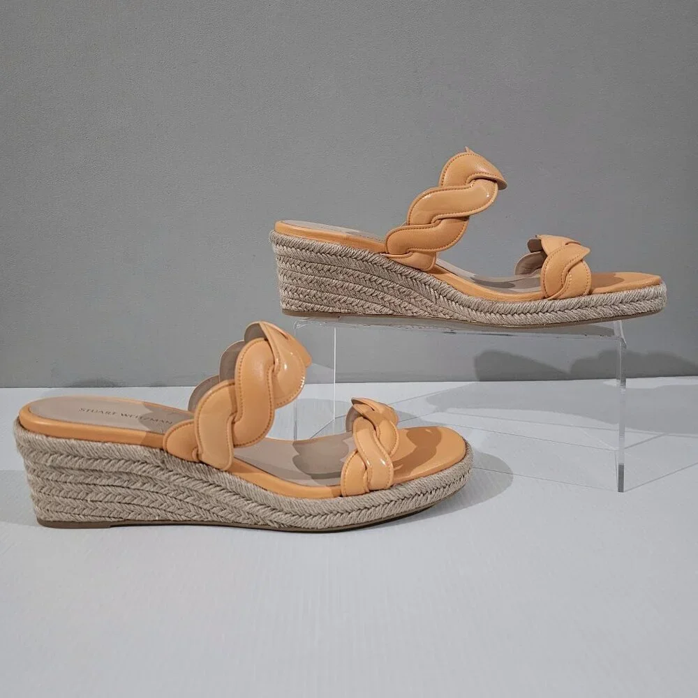 Stuart Weitzman Twist Espadrille Wedge Sandal Womens 10 Mango Leather Slide